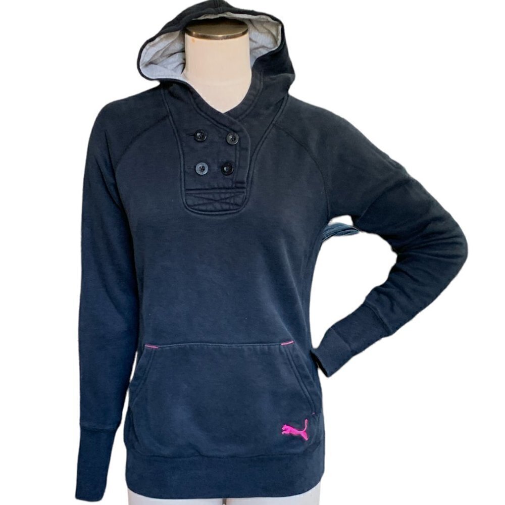 Puma Women's Hoodie Pouch Pocket 4-button Neck‎ Sz M Black w/ Pink Puma Logo 62L